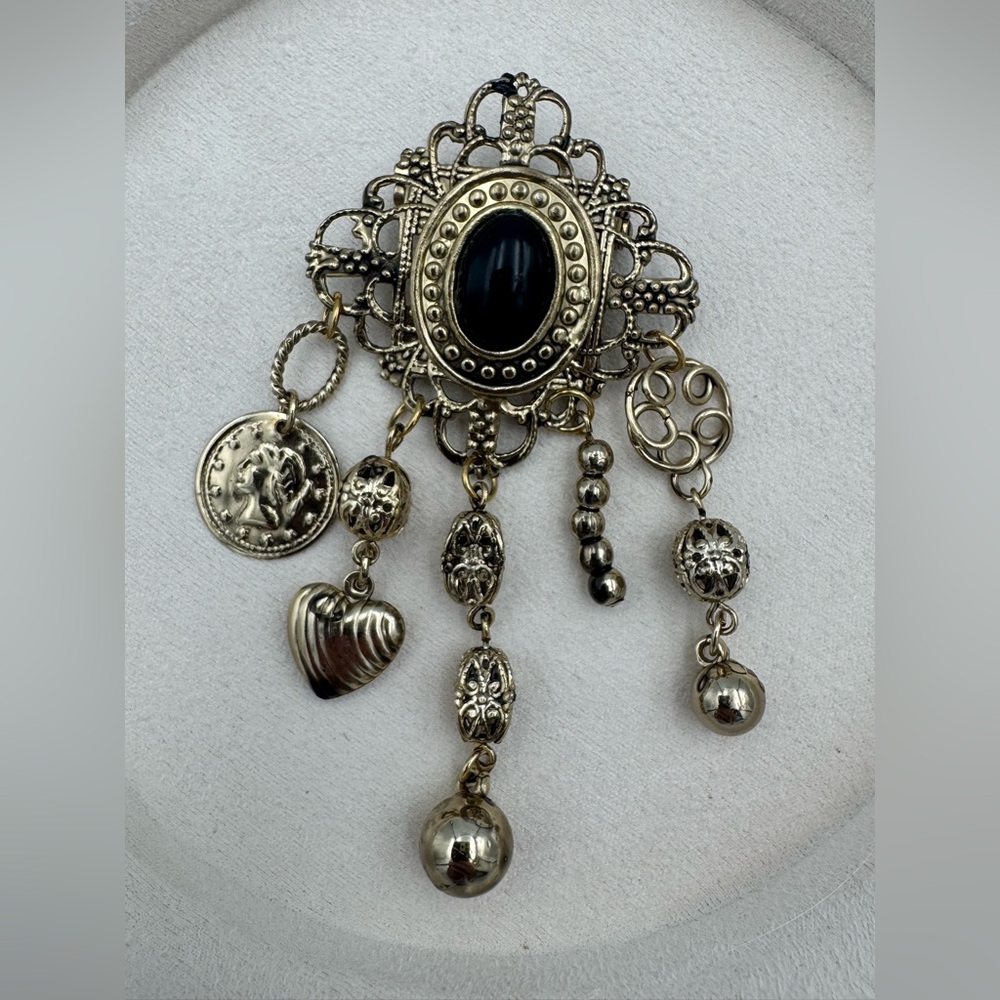 Vintage Nordic Style Dangle Charm Brooch Black Cabochon Coin Heart Silver Tone